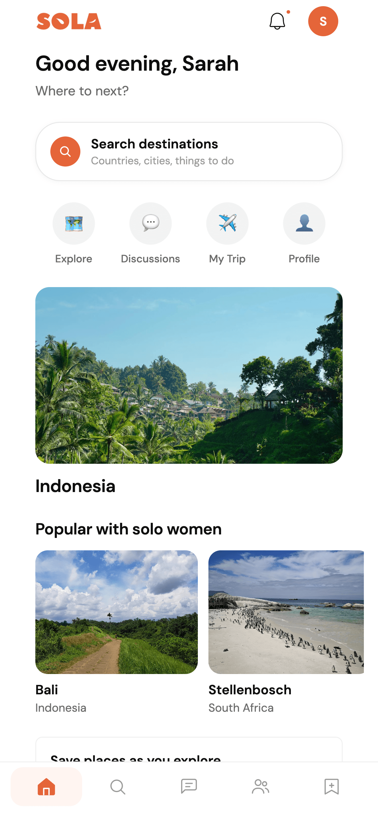 The Sola home screen, with destinations popular with solo women