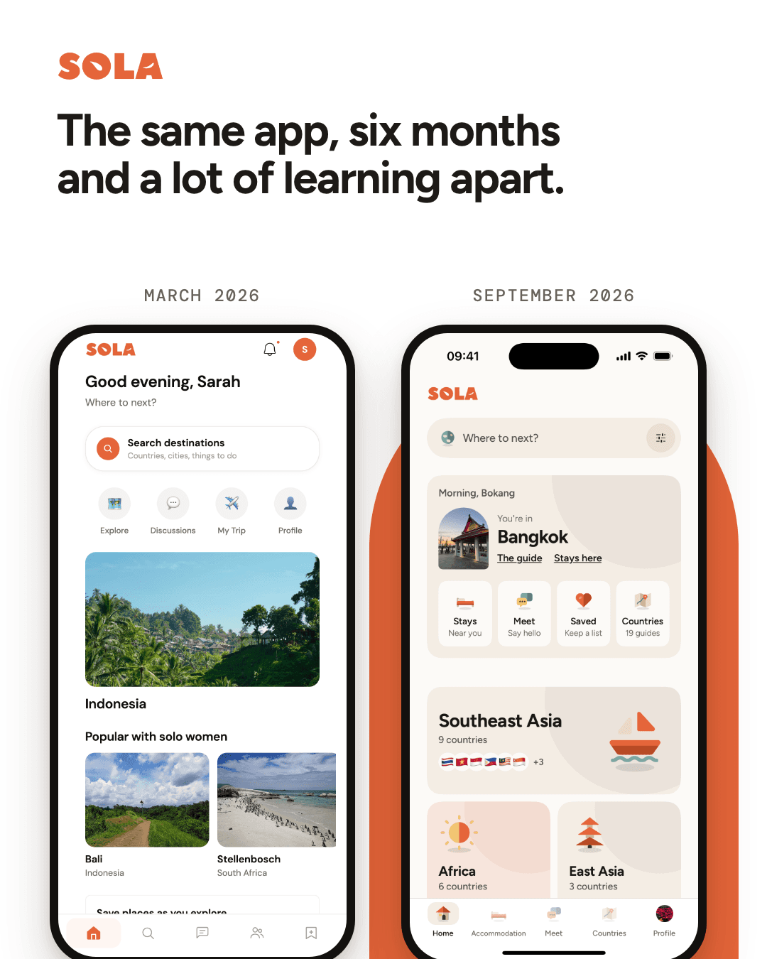 Sola's home screen in March 2026 beside its home screen in September 2026