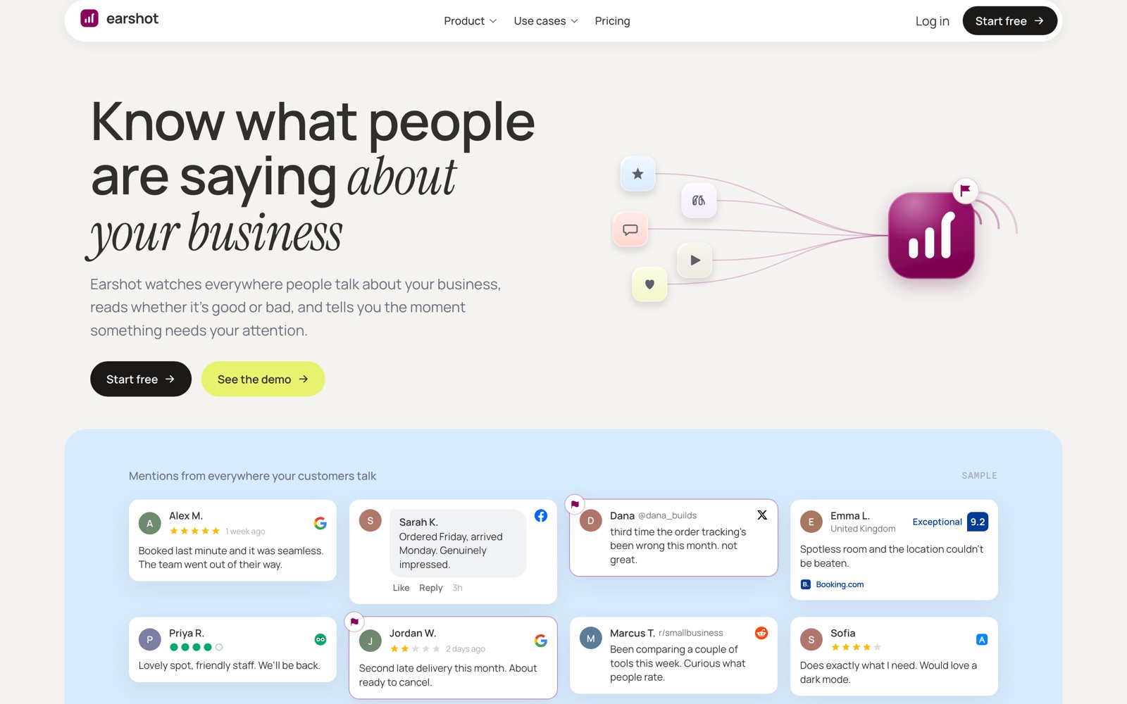 The Earshot product, showing mentions collected from review sites, social platforms and forums